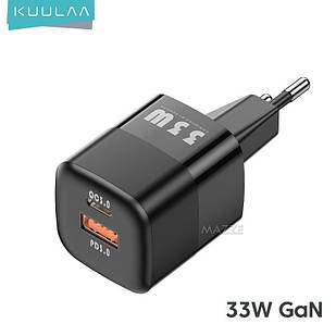 Зарядний пристрій GaN 33 W 2xUSB PD + QC 3.0 швидкий заряджання для телефона смартфона KUULAA (RY-U33) Black