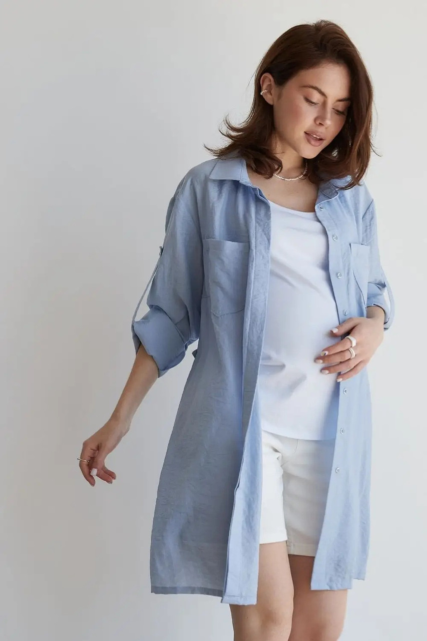 Блакитна літня сорочка блуза для вагітних та годуючих лляна вільного крою, 2268741-Г