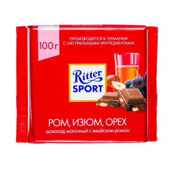 Шоколад Ritter Sport Молочний з ромом родзинками і горіхами 100г. Німеччина