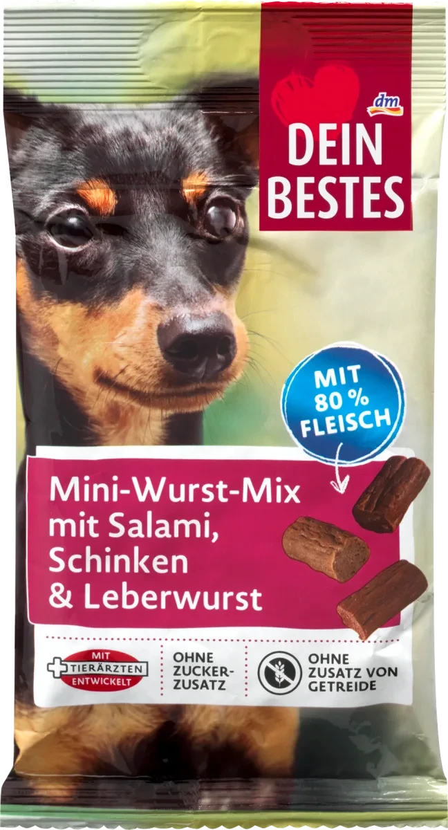 Ковбасний мікс для собак з салямі, шинкою та ліверною ковбасою Dein Bestes Mini-Wurst-Mix, 60 г