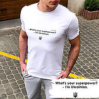 Мужская однотонная базовая футболка с принтом "What's your superpower"  S M L XL XXL XXXL(46 48 50 52 54 56) L