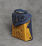 Шкіряний синьо-жовтий рюкзак ручної роботи, сумочка-рюкзак з авторським тисненням у стилі бохо, фото 2