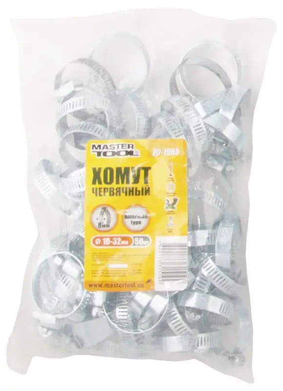 Хомут черв'ячний оцинкований MASTERTOOL American type 8.0 мм Ø18-32 мм 50 шт 20-1905, фото 1