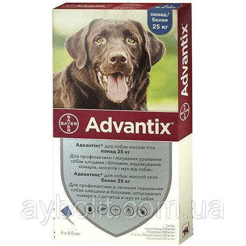 Краплі від бліх і кліщів Advantix Bayer для собак вагою більше 25 кг, ціна за 1 піпетку, фото 1