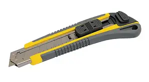 Ніж MASTERTOOL АВТОМАТ 18 мм TPR покриття з металевій направляючої кнопковий фіксатор 3 леза 17-0183