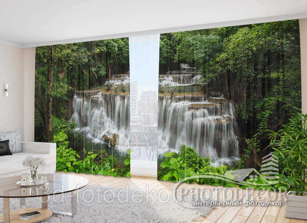 Фото Штори "Каскадний водоспад у лісі" 2,7м*5,0м (2 полотна по 2,50м), тасьма
