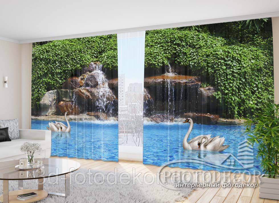 Фото Штори "Лебеді та водоспад 2" 2,7м*4,0м (2 полотна по 2,0м), тасьма