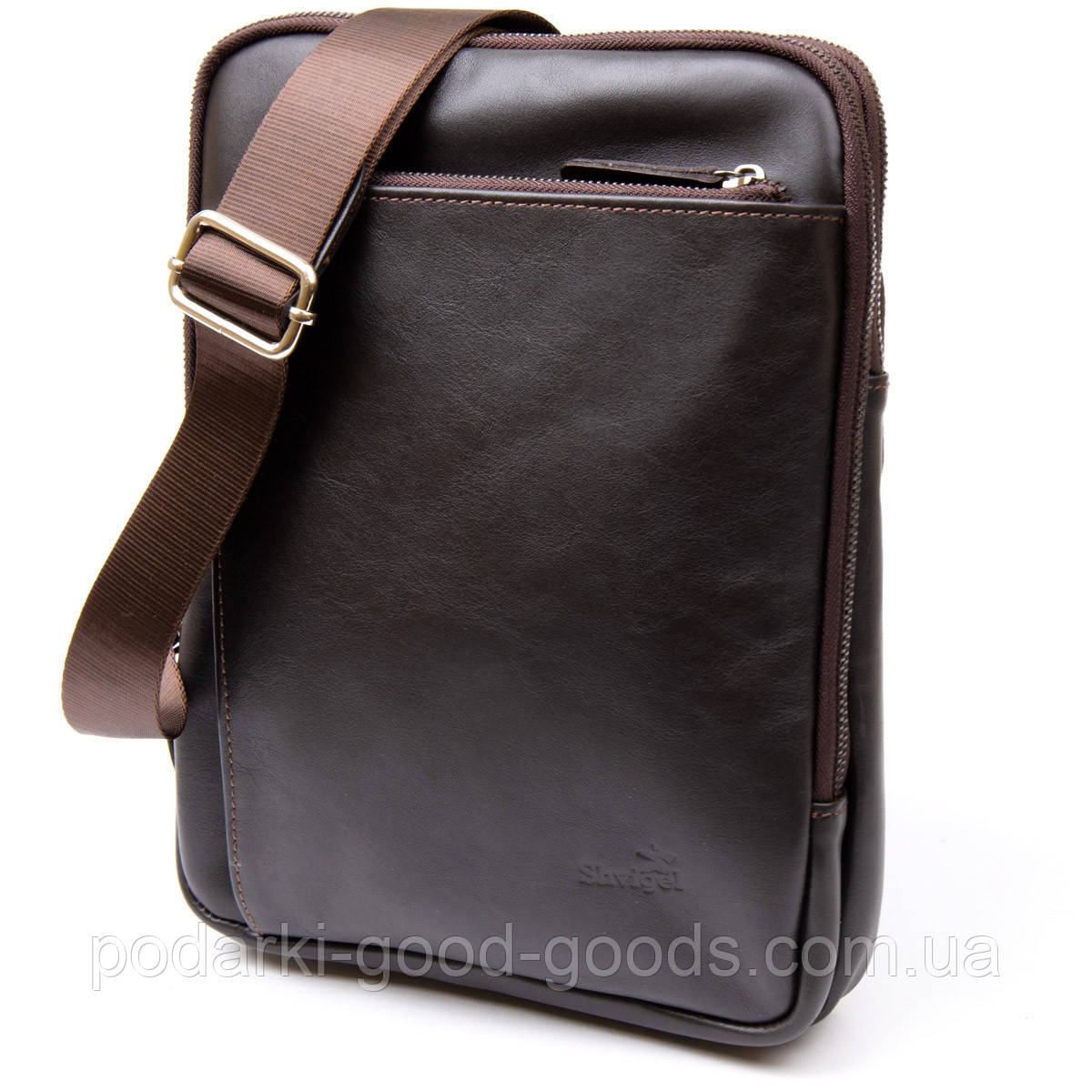 Модна сумка планшет з накладною кишенею на блискавки у гладкій шкірі 11282 SHVIGEL, Коричнєва