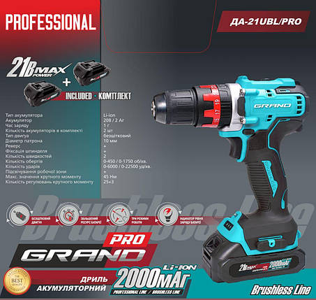 Вдарний акумуляторний шуруповерт GRAND DA-21UBL/PRO, фото 3