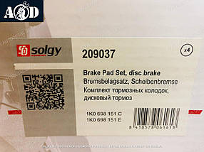 Гальмівні колодки передні Шкода Октавія А5 (диск Ø312 / 288mm) 2004-->2012 Solgy (Іспанія) 209037, фото 2