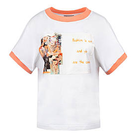 Жіноча стильна оверсайз футболка з принтом молодіжна красива літня модна на манжеті