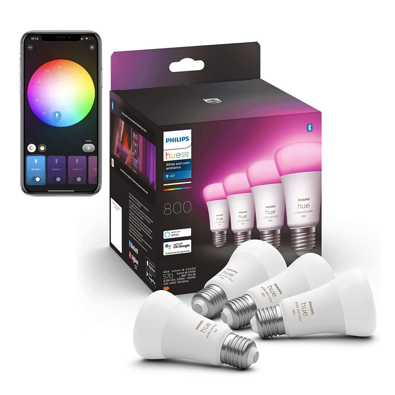 Розумні LED лампочки Philips Hue Color E27 806лм 60Вт 7W ZigBee, Bluetooth, Apple HomeKit 4шт.