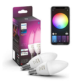 Умная светодиодная лампочка Philips Hue Color E14 470лм 40Вт 5.3W ZigBee, Bluetooth, Apple HomeKit, 2шт.