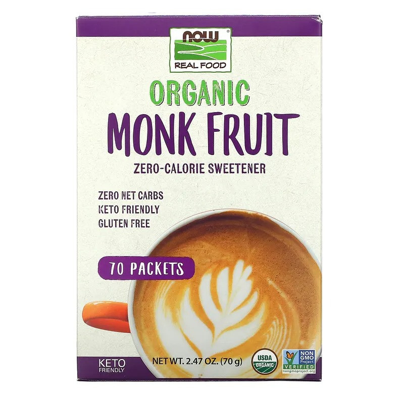 Підсолоджувач архіт NOW Foods "Organic Monk Fruit" з нульовою калорійністю (70 пакетиків по 1 г)