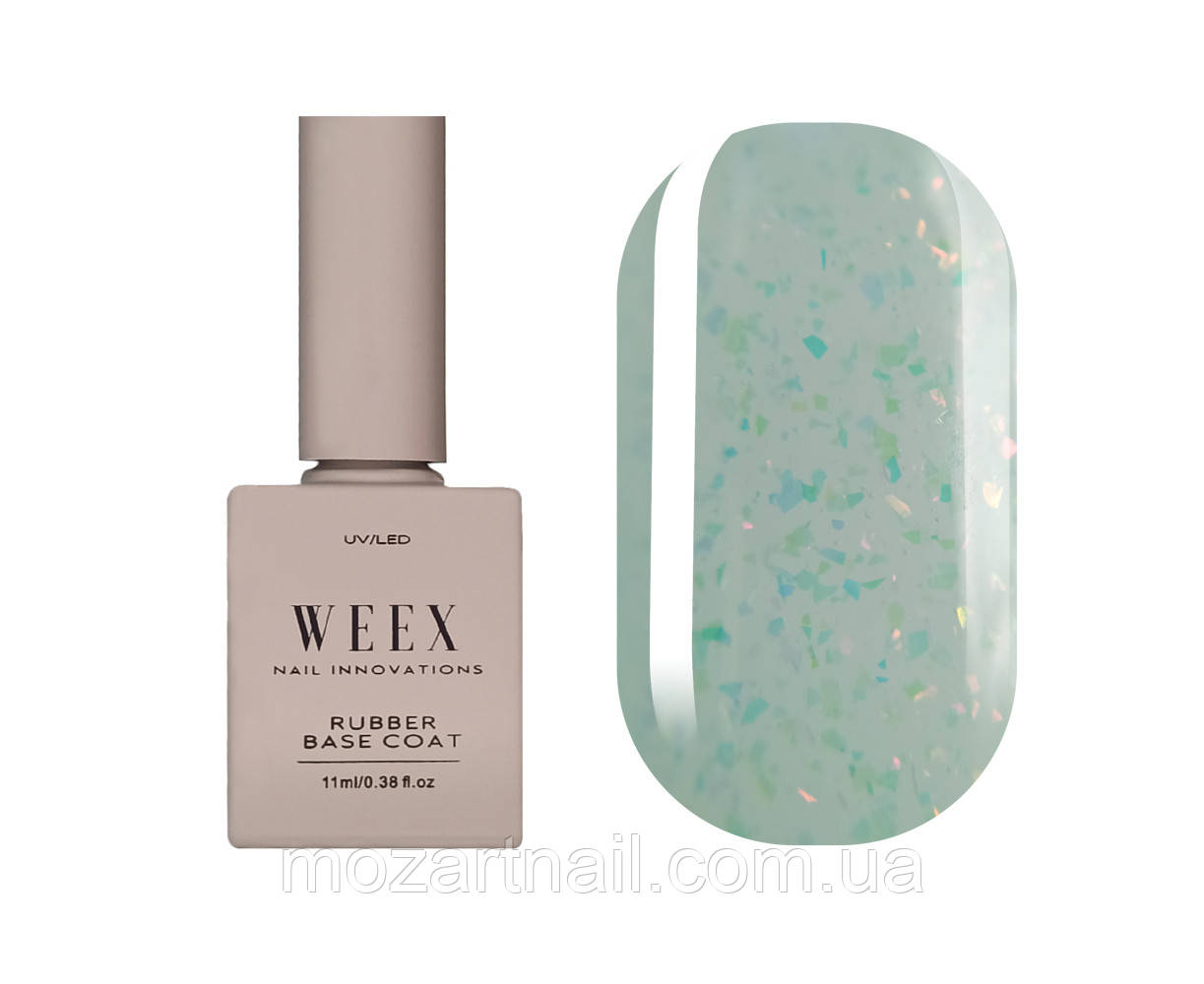 Камуфлююча база Weex Onyx Gem Rubber Base 02 (прозоро-м'ятний з різнобарвними пластівцями юкі), 11ml