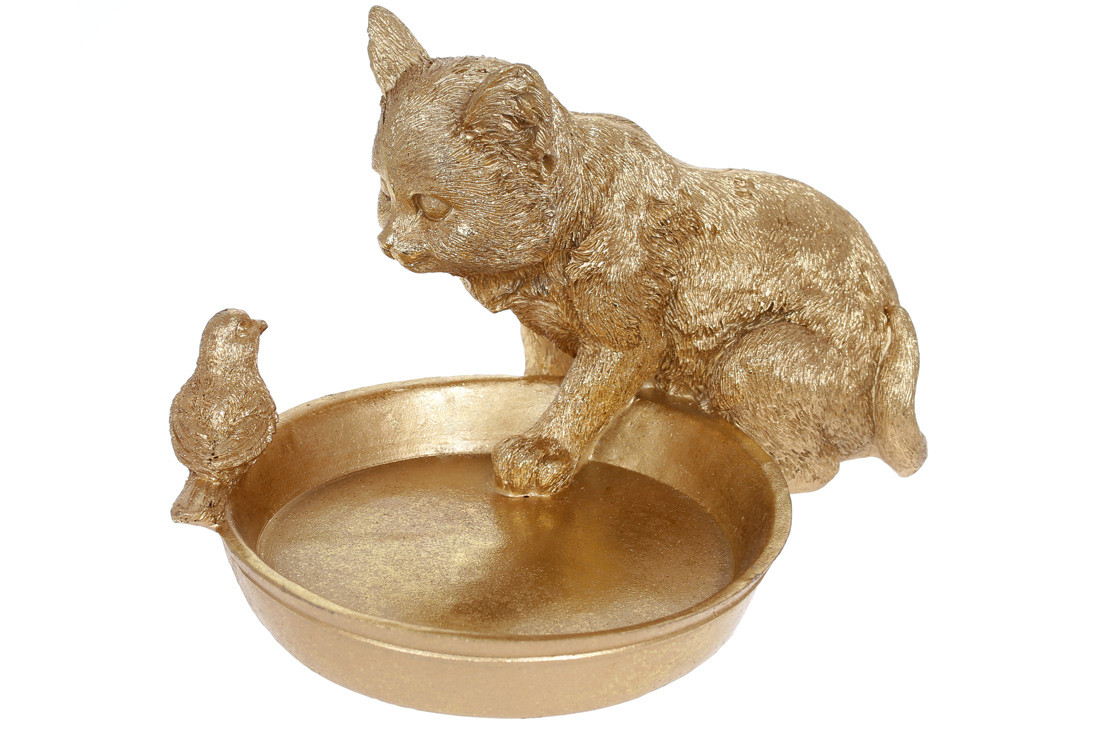 Підставка для прикрас, Котик із пташкою, 14*17.5*24.2 см, золото, полістоун (450-928)