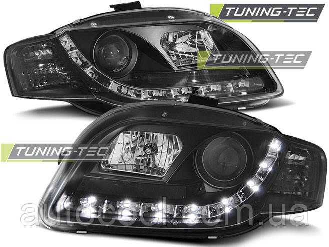 Передні тюнінг фари Audi A4 B7 2004-2008 г.в. лінза, денні ходові вогні, чорні, фото 1