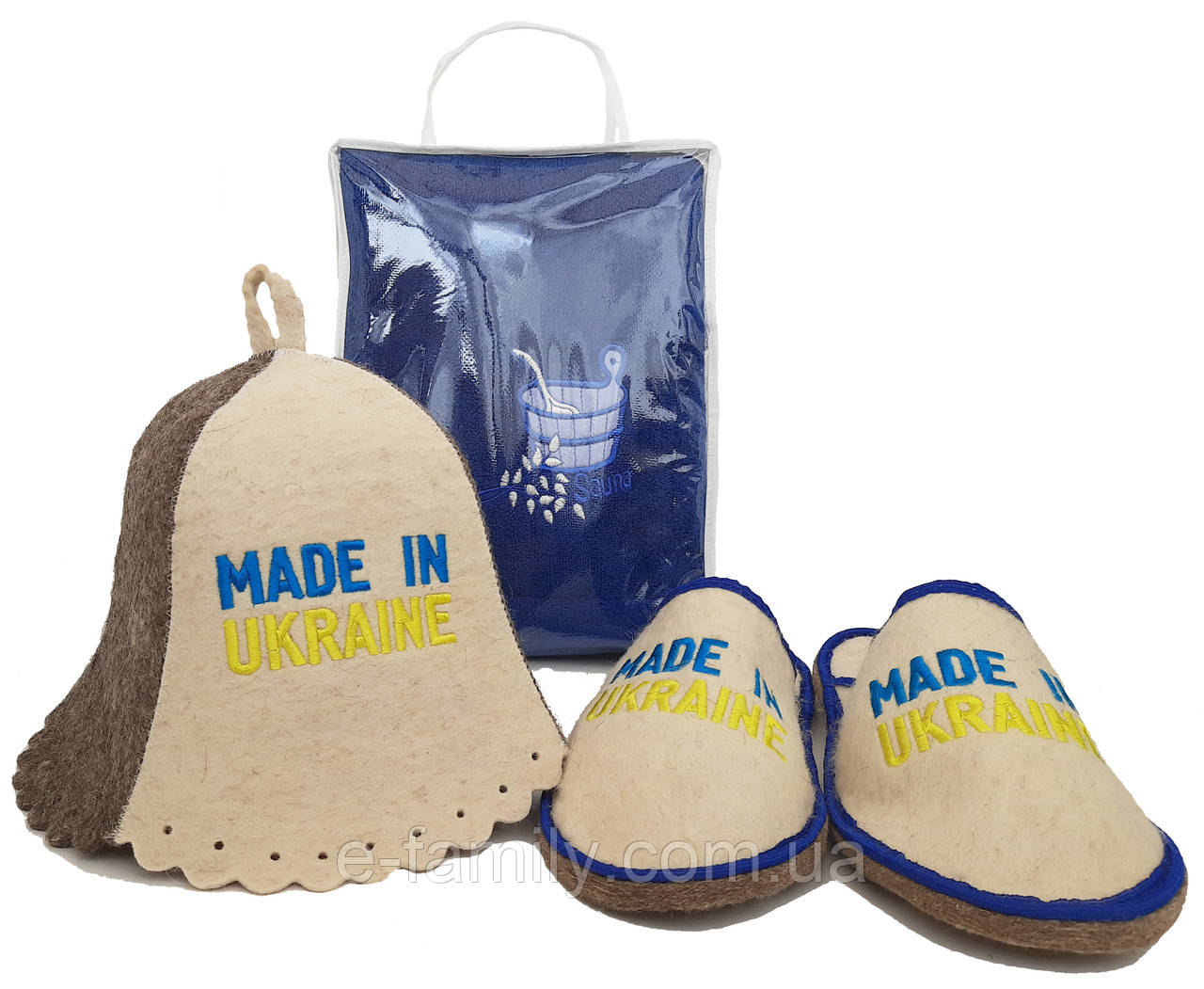 Набір для лазні та сауни чоловічий Made In Ukraine (Парео синє, Шапочка, Тапочки 43-44 ) в упаковці