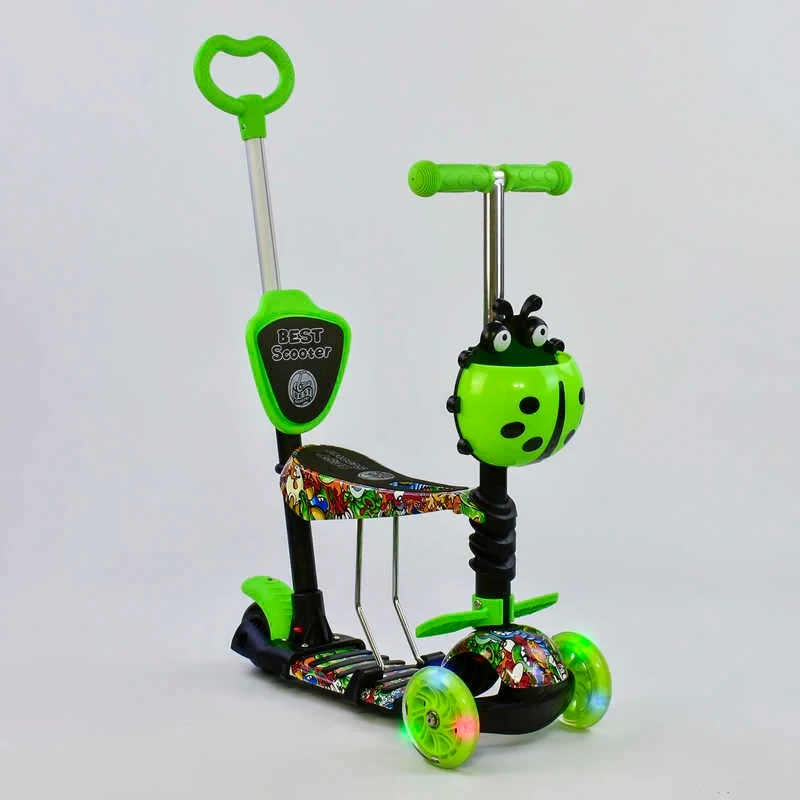 Дитячий самокат - трансформер 5 в 1 з підсвічуванням коліс Best Scooter Сонечко салатовий з принтом 97630