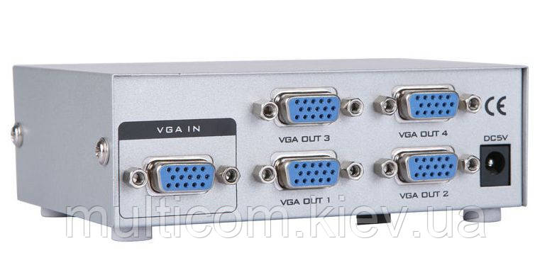 03-01-422. VGA Splitter (дільник) 4 порту (1 гніздо VGA → 4 гнізда VGA), корпус метал, із живленням