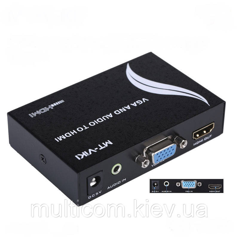 03-00-009. Конвертор HDMI в VGA (штекер HDMI гнездо VGA + гнездо 3,5мм), с питанием, корпус металл - фото 1 - id-p260644676