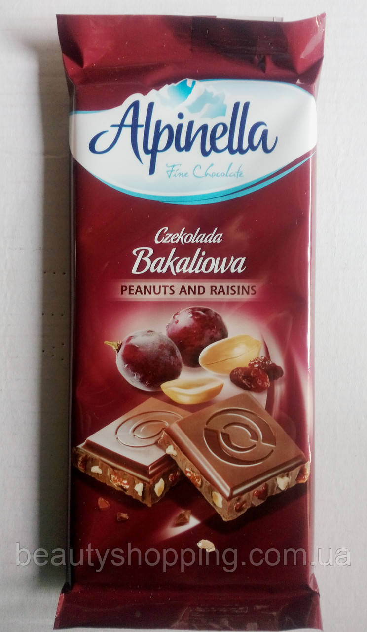 Alpinella Молочний Шоколад арахіс родзинки 90 г Польща