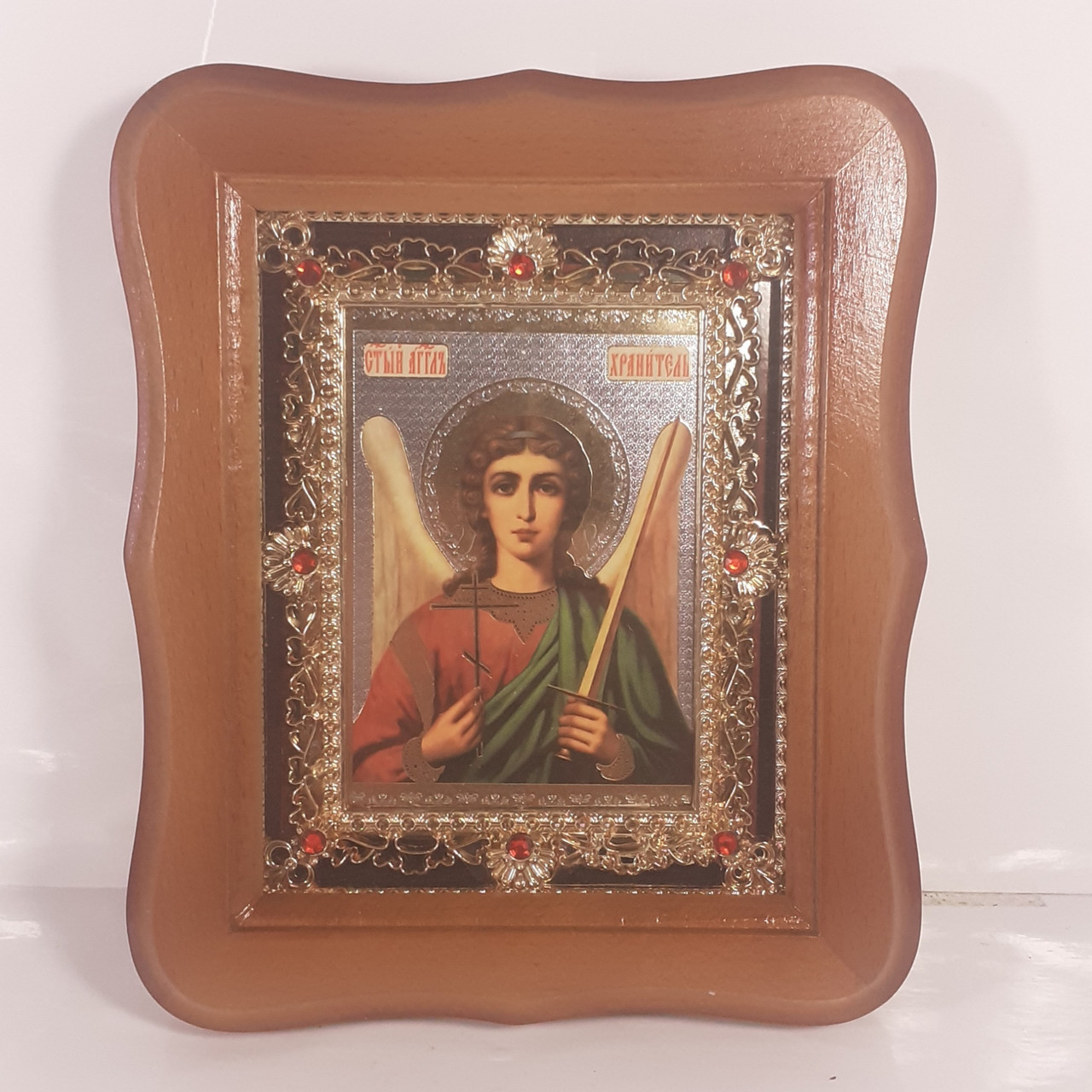 Ікона Ангел Охоронець, лик 10х12 см, у світлому дерев'яному кіоті з камінням