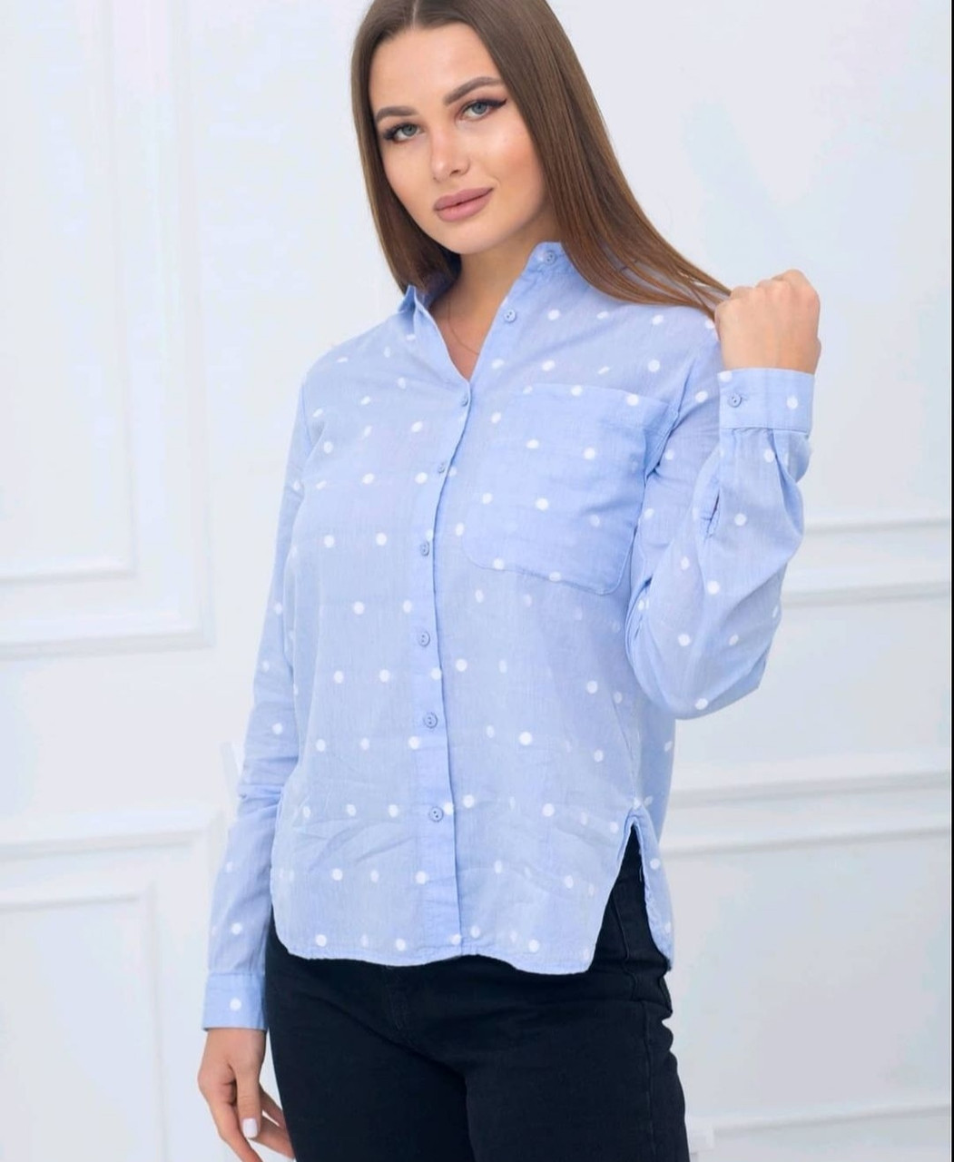 Жіноча сорочка блакитна в горошок, фото 1