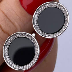 Срібні сережки родовані з чорним каменем і фіанітами РН-282