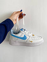 Классные женские кроссовки Nike Air Force Mini Swoosh Blue. Кроссы женские Найк Аир Форс с голубым лого.