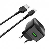 Сетевое зарядное устройство для телефона + кабель MicroUSB Android HOCO C70A |1USB, QC3.0, 3A| Черный