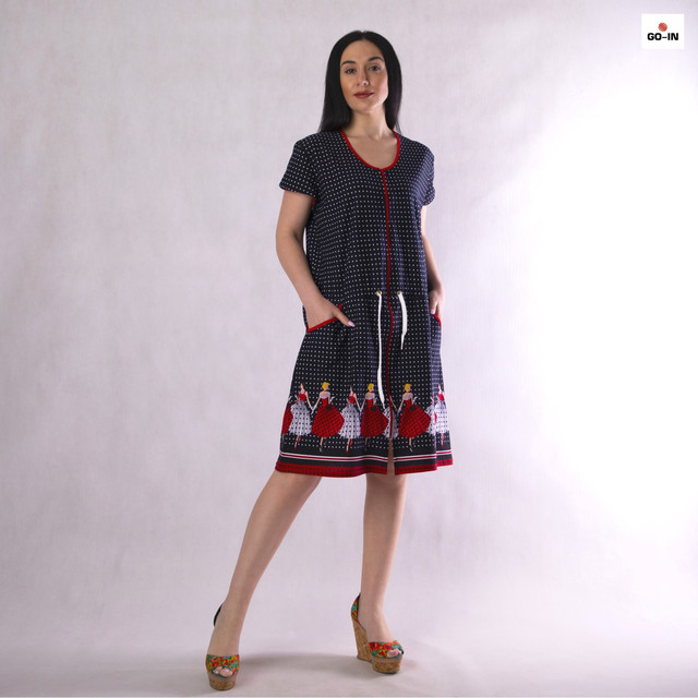 Халат летний женский на молнии с карманами в горошек 50-60р.