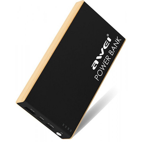 Повербанк з індикатором заряду AWEI P93K 10000mAh |USB/Type-C, 2.1А| Чорний + світле дерево