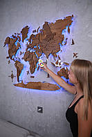 Карта мира на стену с лед подсветкой деревянная многослойная на акриле 3Д