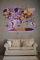 Деревянная многослойная карта мира с LED подсветкой на акриле