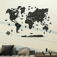 Карта Мира на стену, деревянная многослойная со странами и столицами 3д