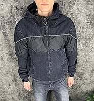Мужская черная джинсовая куртка-бомбер с черной тканевой вставкой на манжетах, Турция