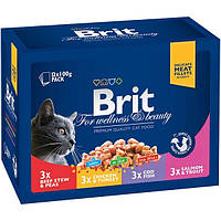 Влажный корм для котов набор паучей семейная тарелка ассорти 4 вкуса Brit Premium Cat  100 г х 12шт (Брит)