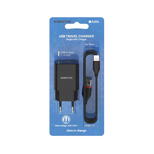 Мережевий зарядний пристрій BOROFONE BA20A 2.1A 1USB + кабель lightning (чорний), фото 2