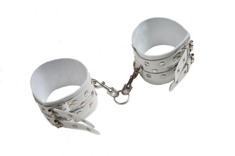 Шкіряні наручники для секс ігор Leather Double Fix Leg Cuffs, White