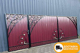 Розпашні ворота з хвірткою з профнастила, код: Р-01108-Ч