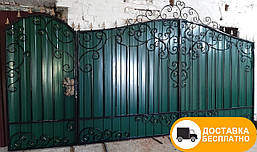 Розпашні ворота з хвірткою з профнастила, код: Р-0139-М