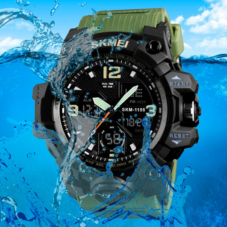 Годинник для військових водонепроникний і протиударний з підсвічуванням будильник секундомір Skmei Army Green з підсвічуванням, фото 1