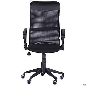 Комп'ютерне крісло офісне AMF Ultra хром чорне спинка-сітка для роботи вдома в кабінеті