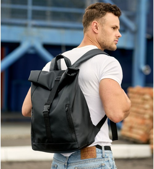 Шкіряний рюкзак роллтоп чорний чоловічий міський MILTON з відділенням для ноутбука