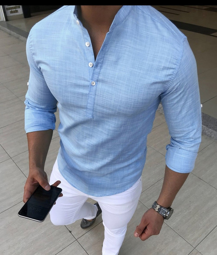 Чоловіча сорочка молодіжна приталені з довгим рукавом блакитна Туреччина. Живе фото, фото 1