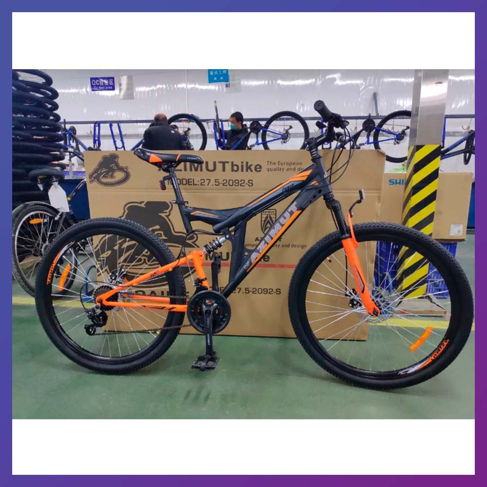 Велосипед гірський двопідвісний сталевий зі швидкостями 21 шт. Azimut Power 26" GD 19.5 рама чорно-жовтогарячий, фото 1