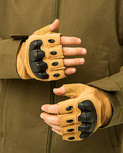 Тактичні рукавички Відкриті безпалі кольору койот, з кастетом, шкіра і п/е, розміри M, L, ХL