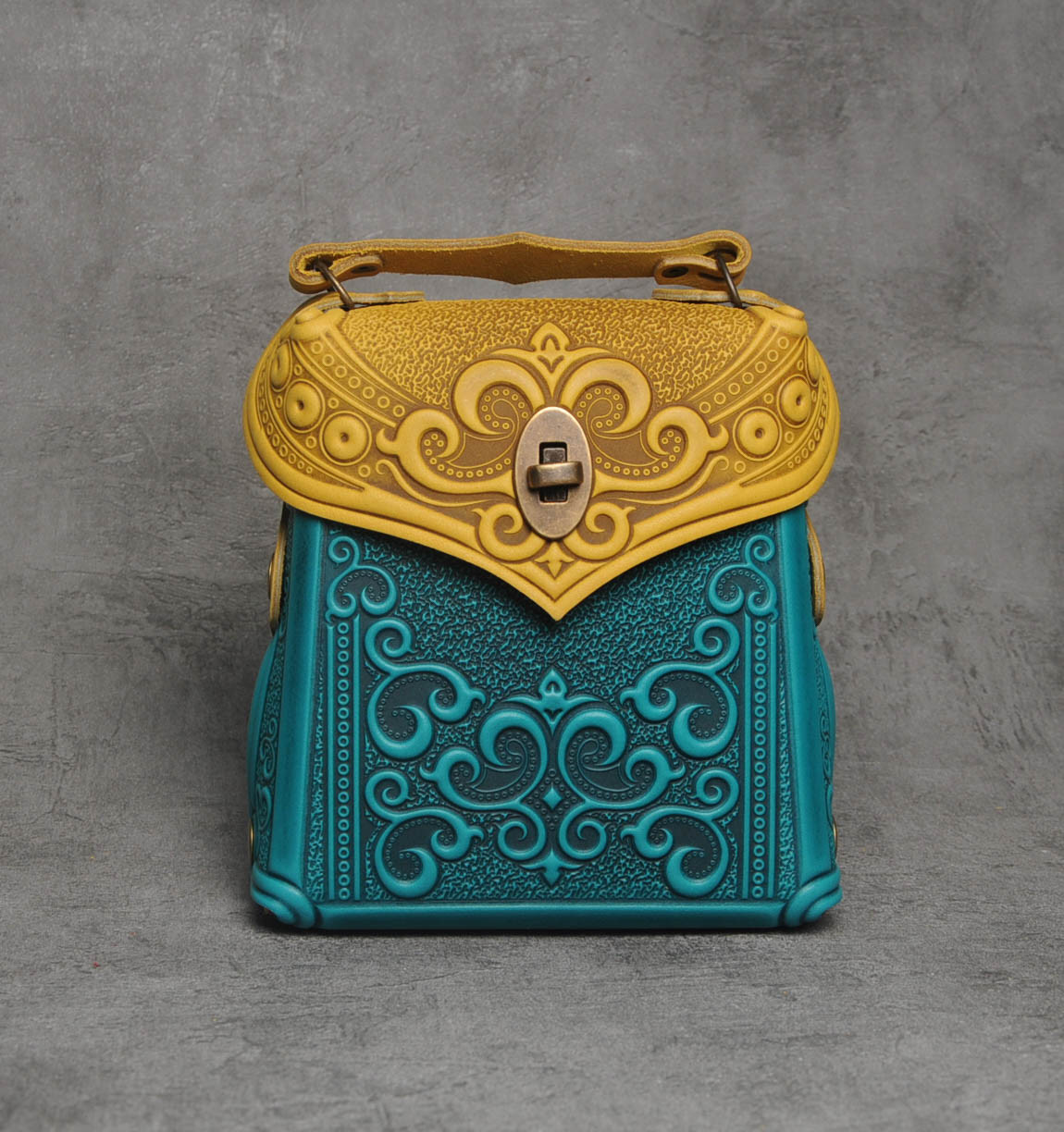 Шкіряний міні рюкзак-трансформер "Венеція" жовто-бірюзового кольору, 17х19х7 см, фото 1