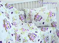 Качественный детский комплект постельного белья в кроватку Совушка простынь на резинке Сиреневый